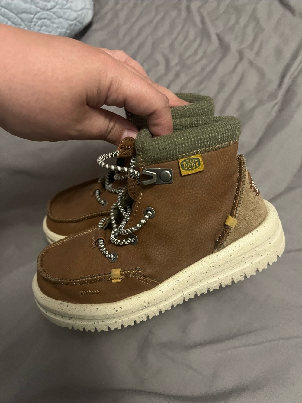 Kids Hey Dude Brown Boots with Green Collar
